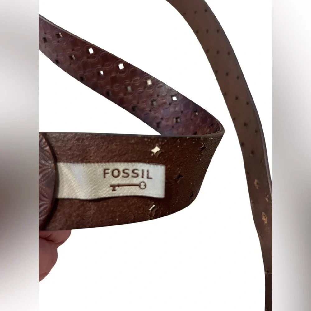 Fossil Brown Embossed Laser Cut Leather Belt with Silver Buckle Sz S/M